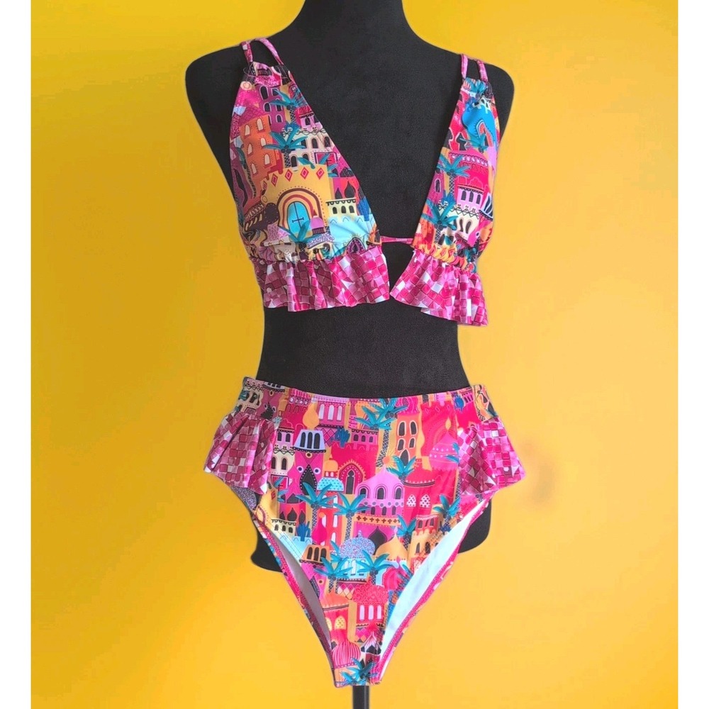 Sporlike High Waisted Swim Suit Women's Flounce Trim Padded Bikini Sz Med EUC